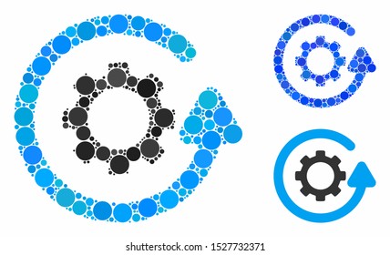 Gearwheel rotation direction composition of filled circles in different sizes and color tints, based on gearwheel rotation direction icon. Vector random circles are organized into blue illustration.
