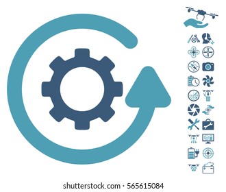 Gearwheel Rotation Direction icon with bonus flying drone tools symbols. Vector illustration style is flat iconic cyan and blue symbols on white background.