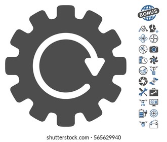 Gearwheel Rotation icon with bonus flying drone service pictures. Vector illustration style is flat iconic cobalt and gray symbols on white background.