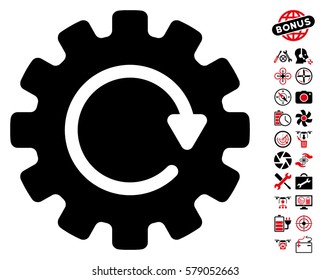 Gearwheel Rotation icon with bonus uav tools pictograms. Vector illustration style is flat iconic intensive red and black symbols on white background.