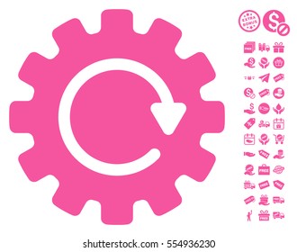 Gearwheel Rotation pictograph with free bonus icon set. Vector illustration style is flat iconic symbols, pink color, white background.