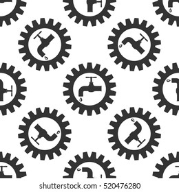 Gearwheel with tap sign as plumbing work logo icon seamless pattern on white background. Vector Illustration