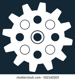 Gearwheel vector pictogram. Style is flat graphic symbol, white color, dark blue background.