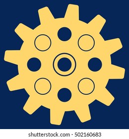 Gearwheel vector pictogram. Style is flat graphic symbol, yellow color, blue background.
