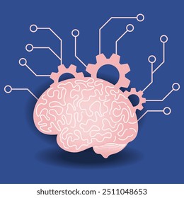 Ruedas dentadas y placa de circuito conectada al cerebro humano para imitar la forma en que los humanos aprenden. Ilustración vectorial de concepto de aprendizaje automático. 