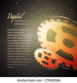Gear-wheels over lights, rays with dark background. Vector illustration.
