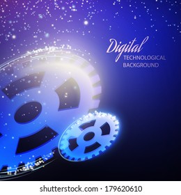 Gear-wheels over lights, rays with dark background. Vector illustration.