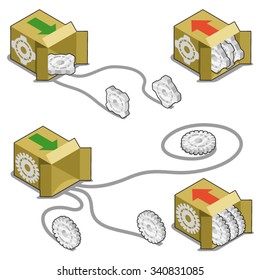 Gearwheels rolling out of a box and stored in a box (isometric view)
