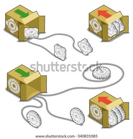 Gearwheels rolling out of a box and stored in a box (isometric view)
