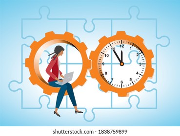 Gearwheels, woman and clock, puzzle pieces in background. Vector illustration.