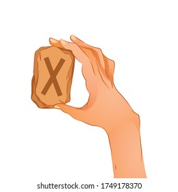 
 Gebo. Hand holds a stone with a rune. Website Design Element. Divination. Magic. Vector illustration
