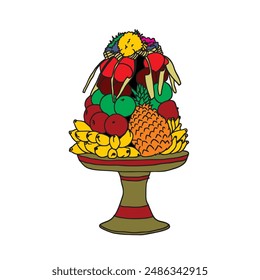 Ilustración de Gebogan, es una forma de ofrenda en forma de arreglos y arreglos de frutas, bocadillos y flores creados por los hindúes en Bali.