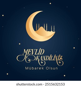 İslami gece tipografi çalışması. Türkçe kandil tebriği. Mevlid kandiliniz Mübarek olsun. Mevlid kandili kutlu olsun.
Turkish religious text translation: Happy Mevlid Kandil.