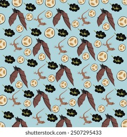 gecko, bat with fruit as a pattern background