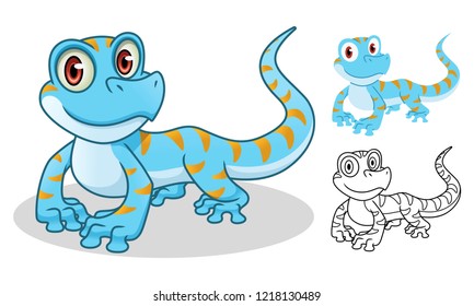 Gecko cartoon character mascot design, including flat and line art design, isolated on white background, vector clip art illustration.