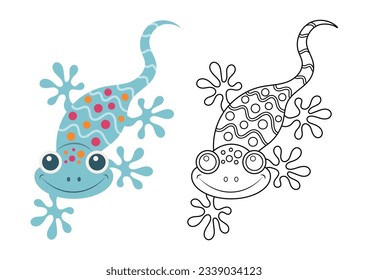 Gecko cute vector illustration cartoon isolated on white background. Gecko vector colored and colorless. Cute coloring page for kids. 