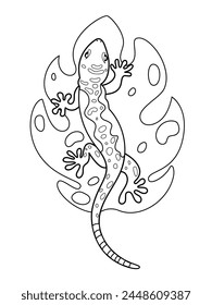 Gecko cute vector illustration cartoon isolated on white background. Lizard vector coloring page. Cute coloring page for kids. 