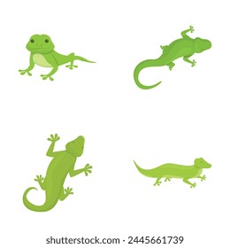 Iconos de gecko conjunto de dibujos animados Vector. Lindo lagarto verde de dibujos animados. Animal, anfibio