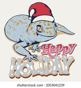 Gecko illustration, wearing a red cap, with bold text  colorful text, funny and he is smiling.