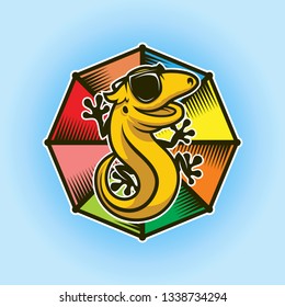 Gecko or lizard character in eyeglasses on a multicolored background