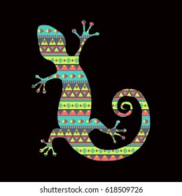 Gecko lizard silhouette with colorful tribal pattern