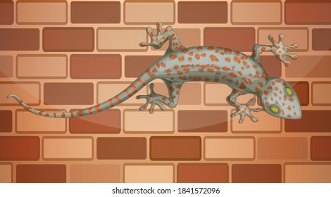 Gecko on brick wall in cartoon style illustration