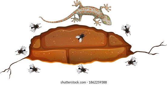 Gecko on brick wall with many fly in cartoon style illustration