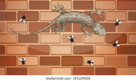 Gecko on brick wall with many fly in cartoon style illustration