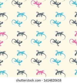 Gecko seamless colorful pattern. Traditional decorative objects. Talavera ornamental ceramic. Vector seamless pattern with lizards.