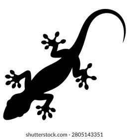 Gecko silhouette icon isolated on a clean white background representing a small lizard reptile shape with detailed toes and a long curved tail for creative graphic design and print projects.