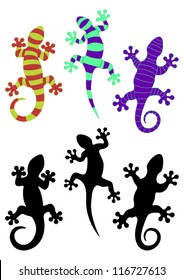 Gecko silhouettes and three different colored arrangements