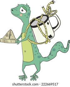 Gecko traveler with a backpack-mug
