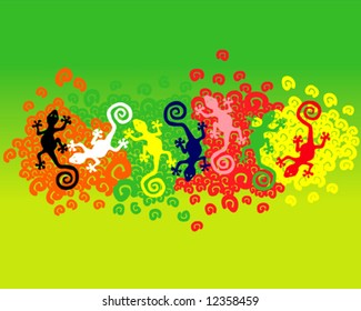 Geckos floating over multicolor spirals