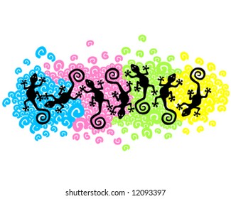 geckos or lizards floating over multicolor bed of spirals