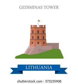 Torre Gediminas en Lituania. La vista histórica estilo caricatura plana muestra los puntos de atracción de sitios web ilustraciones vectoriales. Las ciudades del mundo vacaciones viajes colección de turismo.
