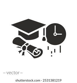 geducation hora de estudo, ícone de tempo de graduação, começar a aprender universidade, relógio e horário, graduação em conceito de quarentena, diploma e cap, ilustração vetor plana