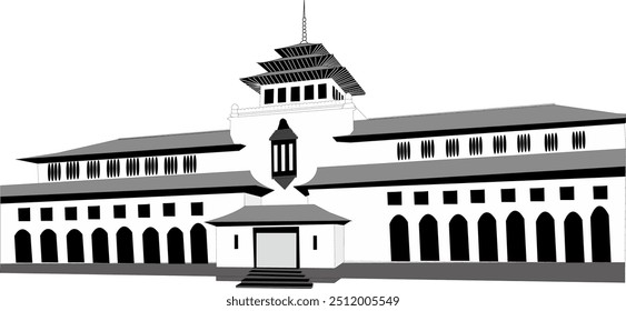 Imagem de ilustração vetorial Gedung Sate, logotipo Gedung Sate, ícone Bandung, preto e branco