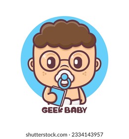 geek baby cartoon character vector illustration, mascot, icon, sticker.