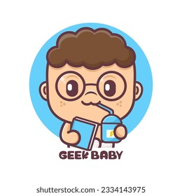geek baby cartoon with energy drink. vector illustration, mascot, icon, sticker.