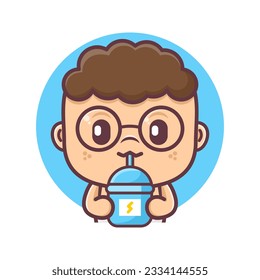 geek baby cartoon with energy drink. vector illustration, mascot, icon, sticker.