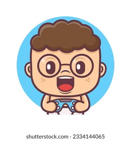 geek baby cartoon with game controller. vector illustration, mascot, icon, sticker.