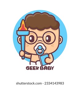 geek baby cartoon with a torch. vector illustration, mascot, icon, sticker.