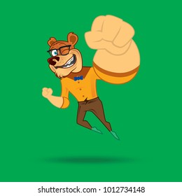 Geek Bear Character Doing Some Funky Jump Flying Poses. Animal Vector EPS10 Illustration. Smart Mascot