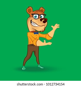 Geek Bear Character Doing Some Presenting Poses. Animal Vector EPS10 Illustration. Smart Mascot