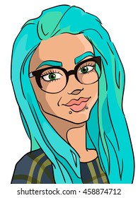 Geek blue hair girl portrait isolated on white background. Vector illustration.