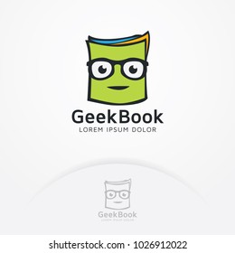 Geek book logo. Illustration of paper or a book with glasses for icon, symbol, logo design bookstore, reading, education. Vector logo template