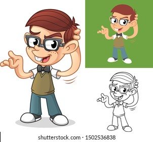 Geek Boy with Confused Gesture Hand Cartoon Character Mascot Illustration, Including Flat and Black and White Designs, Vector Illustration, in Isolated White Background.