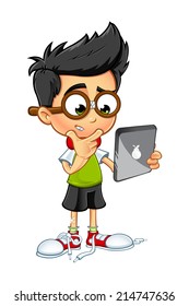 Geek Boy Holding Tablet Stock Vector (Royalty Free) 214747636 ...