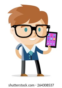A geek boy holding a tablet