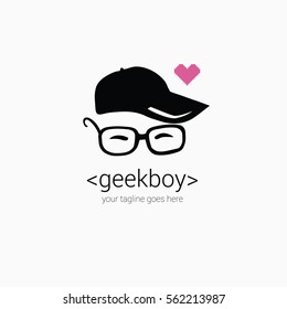 Geek Boy Logo Design. Template With Cartoon Face In Eye Glasses, Pixel Heart, Love, Identity Concept, Symbol, Icon, Cap, Cheerful Squint Eyes, Vector Illustration Isolated On White Backgrounds